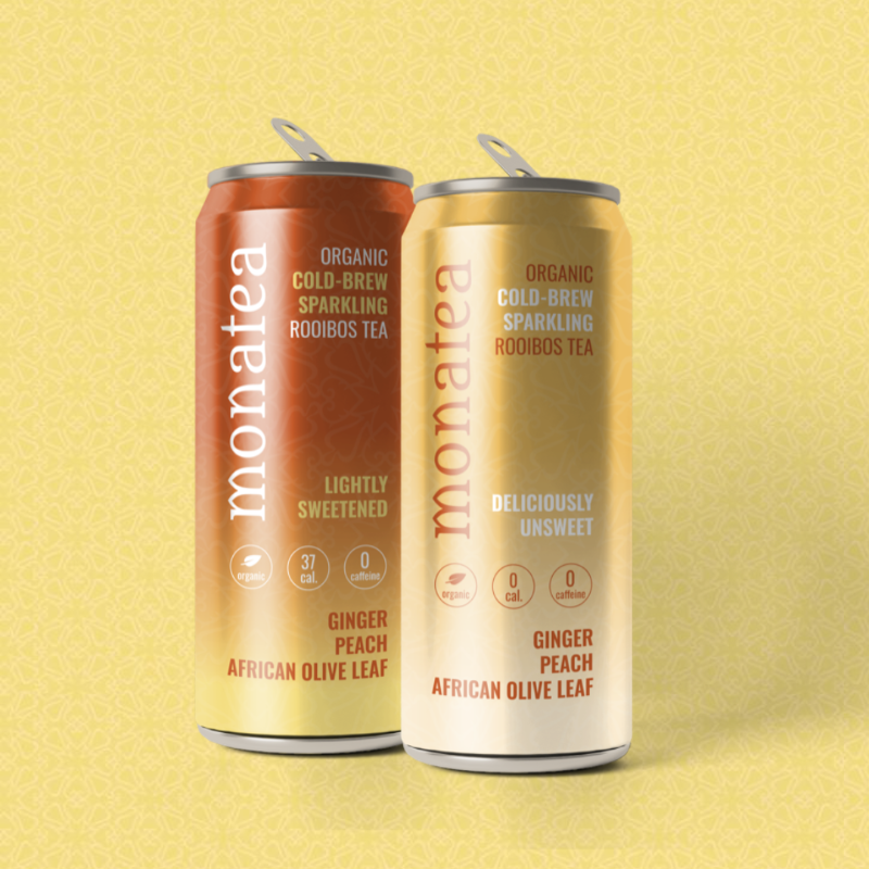 Two cans of Monatea organic cold-brew sparkling rooibos tea on a yellow background